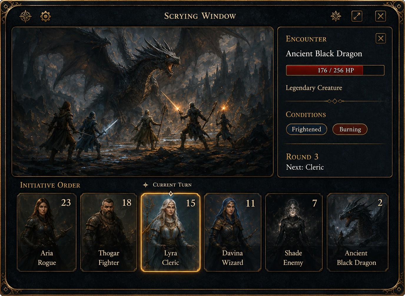 The ScryMaster scrying window: a live combat view with an Ancient Black Dragon, the encounter panel, conditions, and initiative order.